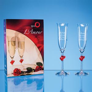 2 L'Amour Red Heart Champagne Flutes in an Attractive Gift Box - STL10