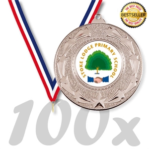 Pack Of 100 Starburst Medals With Ribbons & Logo Inserts (50mm) - MM1052/SET100