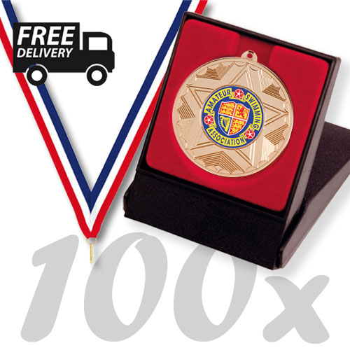 Pack Of 100 Horizon Medals With Ribbons, Box & Free Logo Inserts (50mm) - MM1050/BOXSET100