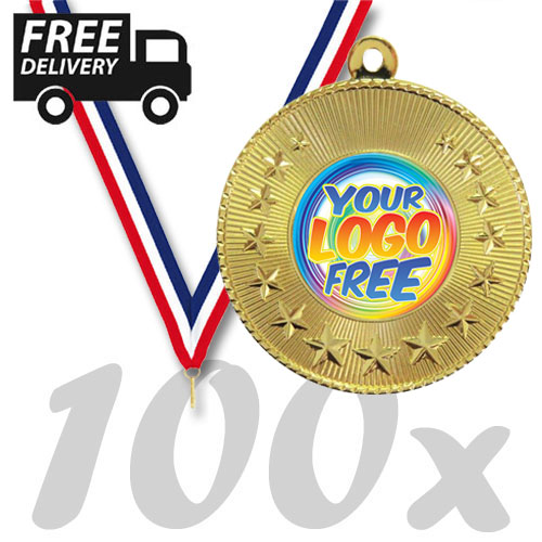 Pack Of 100 Economy Star Medals With Ribbons & Free Logo Inserts (50mm) - 7006/SET100