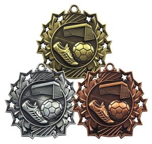 Pack of 100 Star Football Medals with Ribbons & Text Labels (60mm) - MD852/SET100