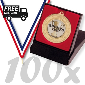 Pack of 100 Emperor Medals with Ribbons, Box and Logo Inserts (40mm) - MM2112BOX/SET100