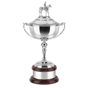 Equestrian Silver Plated Trophy Cup with Horse & Jockey Lid - HJL801C