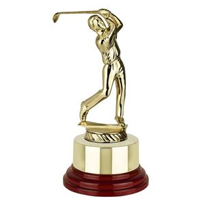 Solid Metal Golf Figure Trophy on Round Wooden Base - GG92