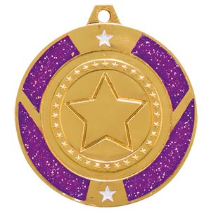 Gold Engraved Glitter Star Purple Medal - MM17146G