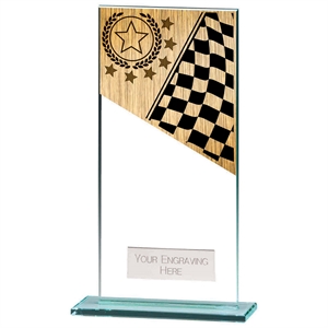 KARTING GLASS CHEQUERED FLAG TROPHY SELF STANDING PLAQUE FREE ENGRAVING CR4058A 