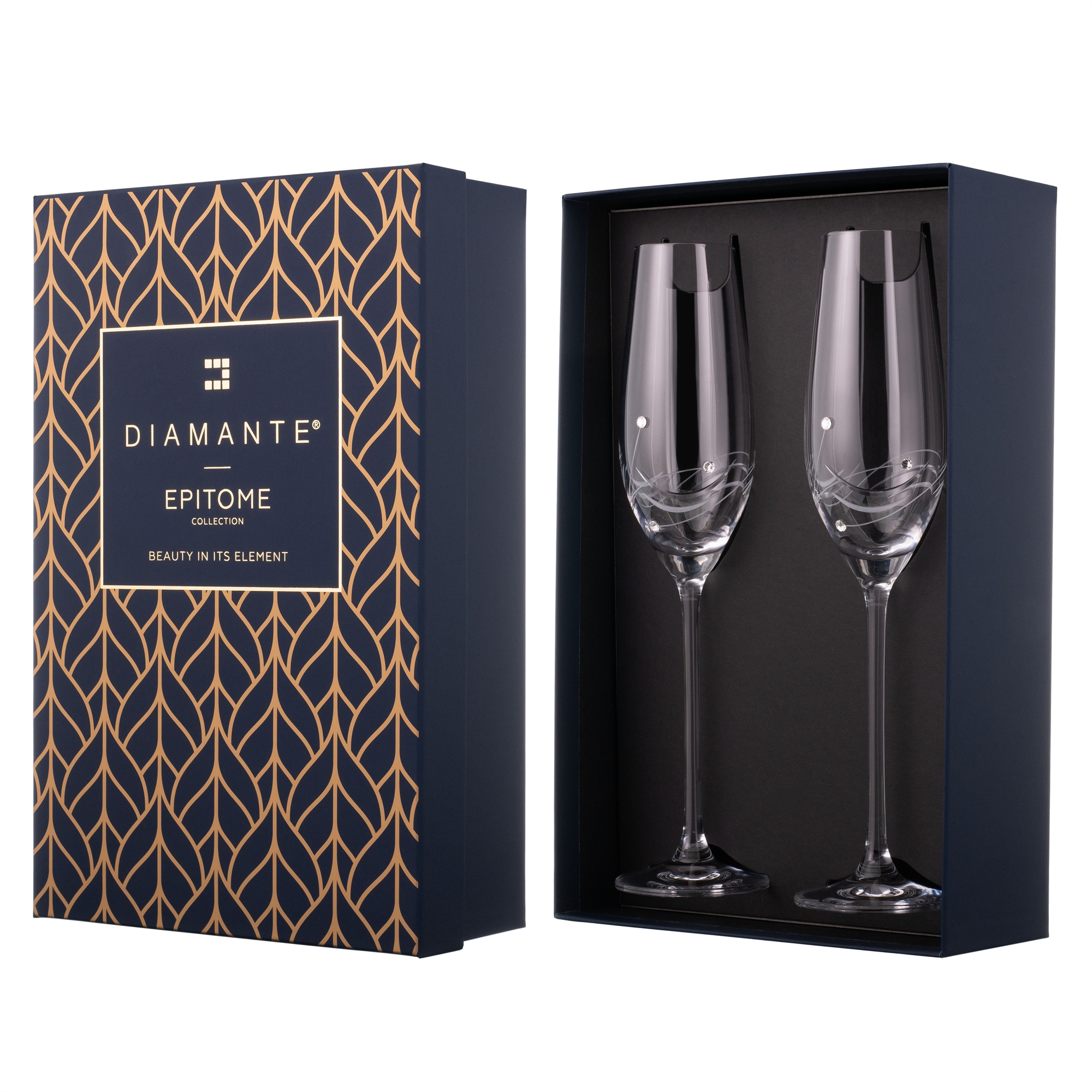 2 Diamante Champagne Flutes with Elegance Spiral Cutting in a Gift Box - SL130
