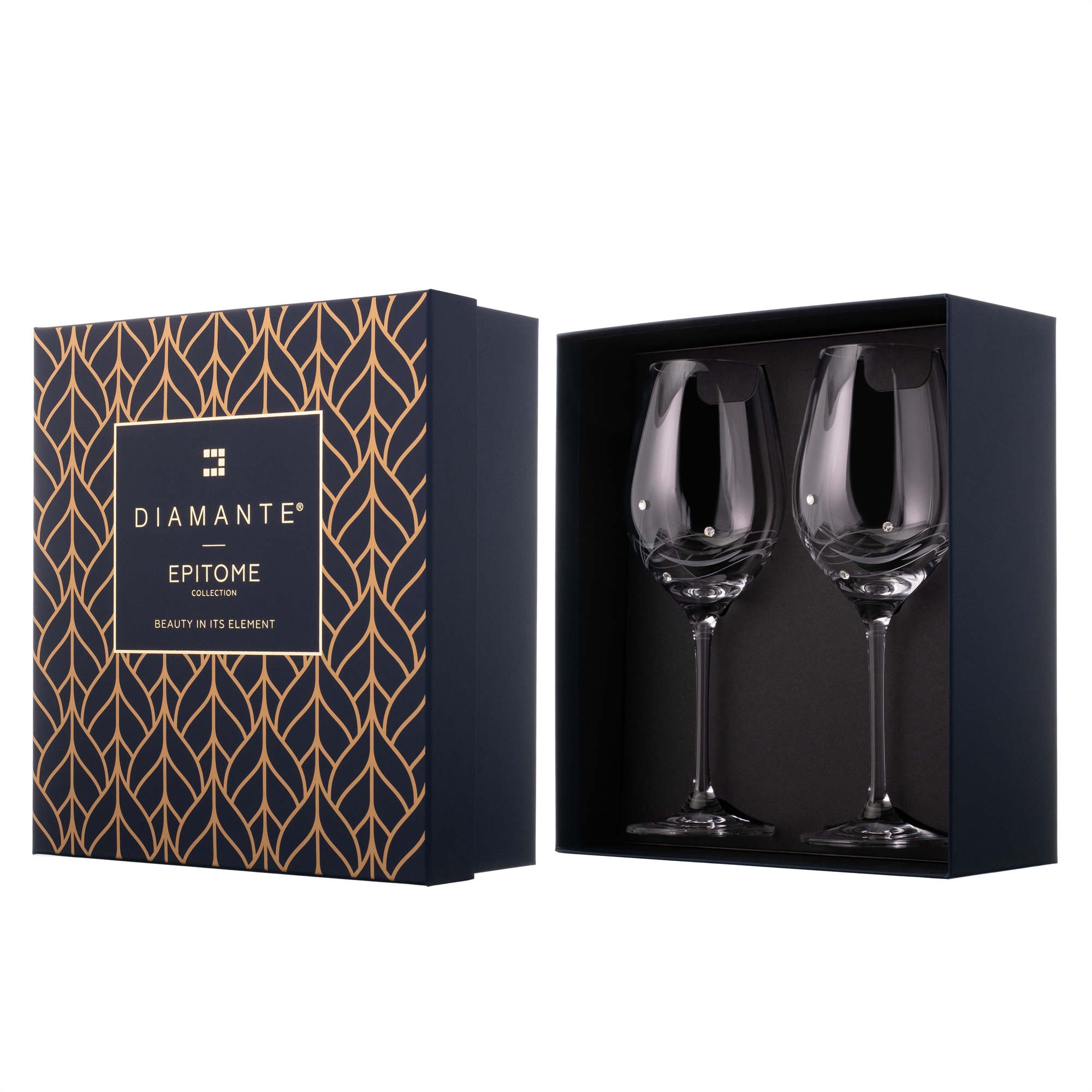 2 Diamante Wine Glasses with Elegance Spiral Cutting in a Gift Box - SL139