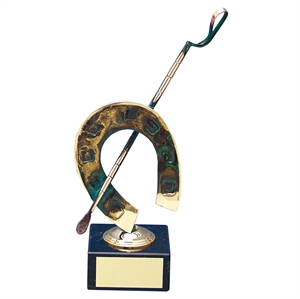 Gold Horseshoe and Crop Equestrian Handmade Metal Trophy - 175